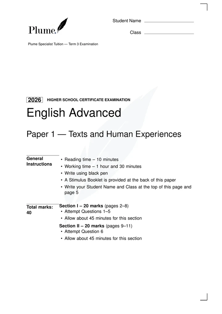 First page of the Plume English Advanced termly exam